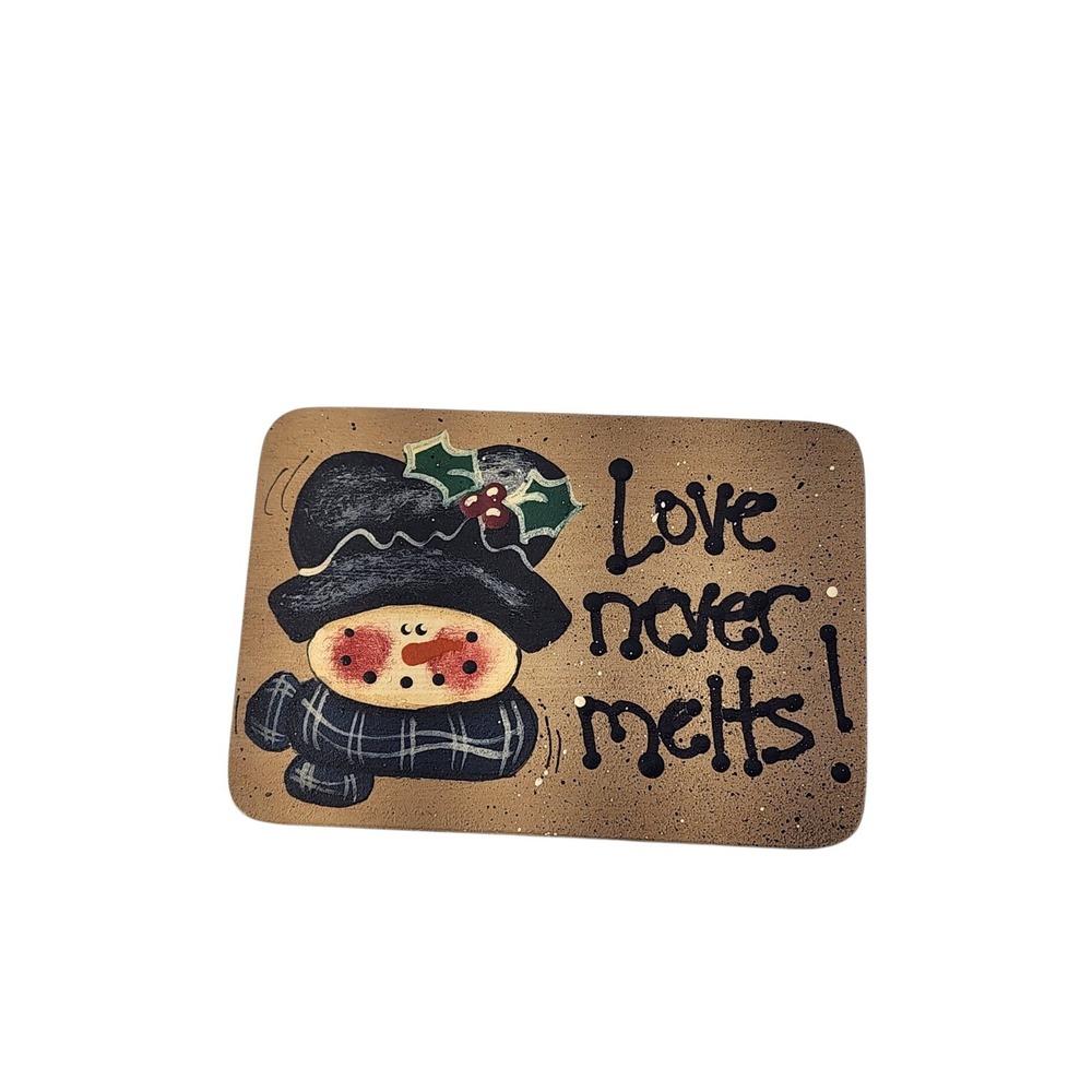 Vintage Handmade Wood Painted Holiday Sign Snowman 'Love Never Melts' Brooch Pin